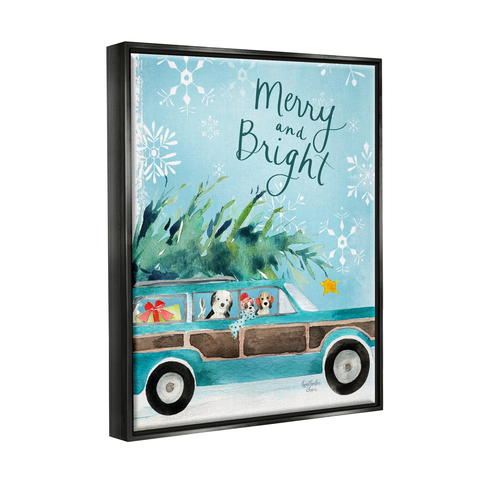 Stupell Industries Merry & Bright Christmas Scene Holiday Puppies Graphic Art Jet Black Floating Framed Canvas Print Wall Art, Design by Heatherlee Chan