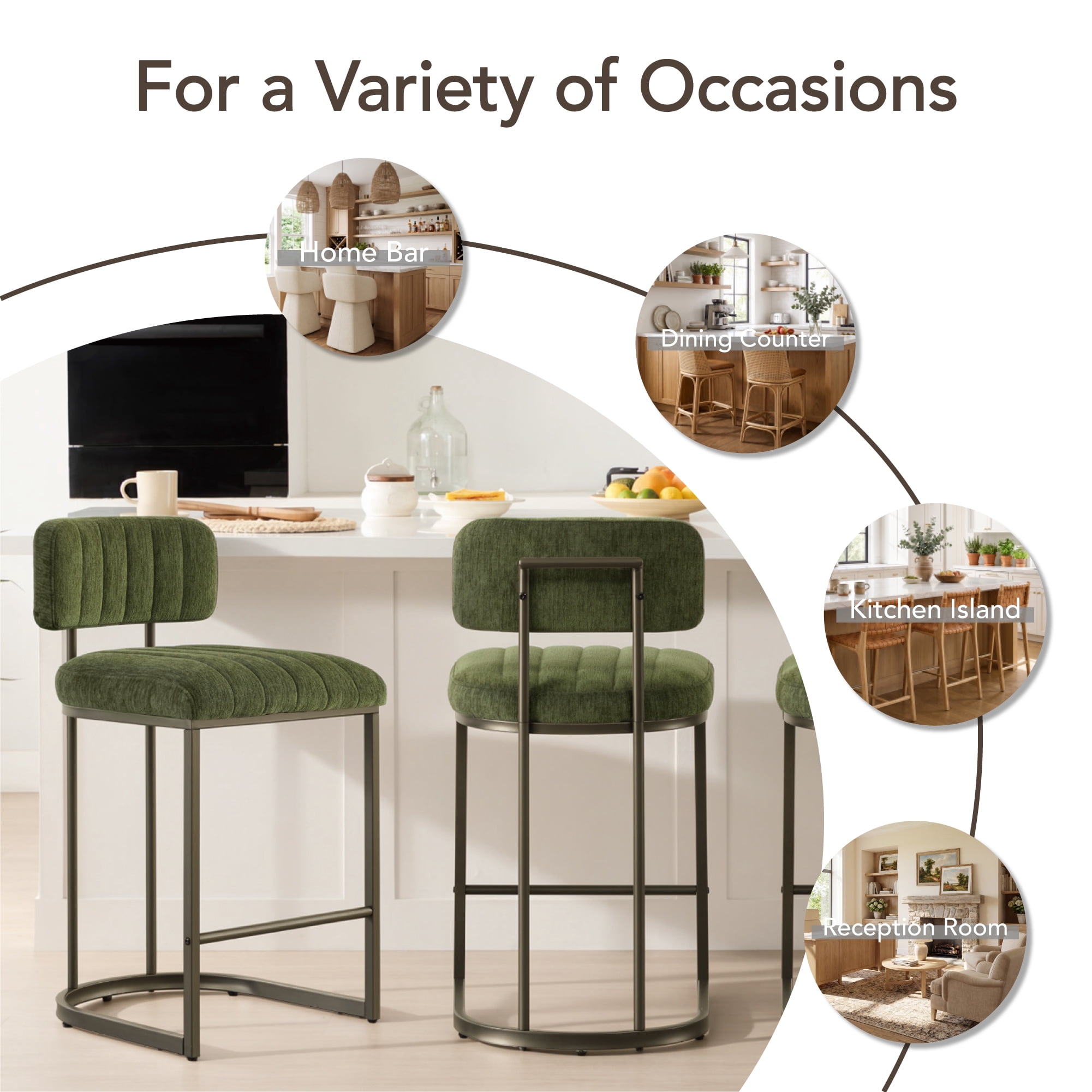 Spruce & Spring 26" Fixed Counter Height Bar Stools Set of 2, Upholstered Counter Chairs with Curved Back & Channel Tufting, Metal Base for Kitchen Island & Home Bar, Green Fabric