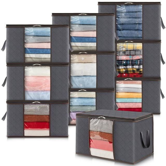 10 Piezas 60L Cajas Almacenaje Ropa, Bolsa almacenamiento ropa, Organizador Armario Plegable, Cajas Mudanza, Bolsas con Asa Reforzada para Guardar Ropa, Mantas, Edredones, Gris