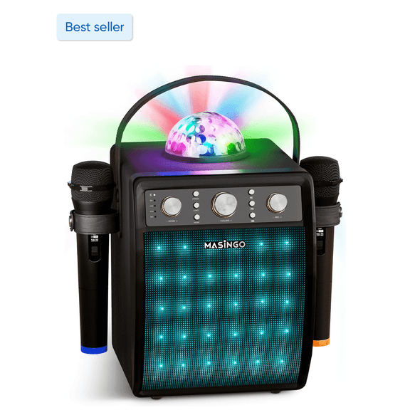MASINGO Karaoke Machine for Adults and Kids with 2 Wireless Microphones, Portable Singing PA Speaker System Set with Disco Ball Party Lights & TV Cable, Ostinato M7