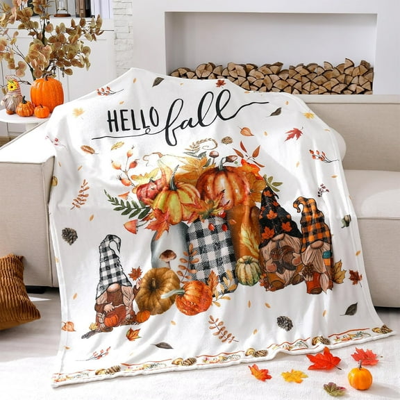 Fall Throw Flannel Blanket Pumpkin Gnome Cozy Fuzzy Warm Throw Blanket Hello Fall Themed Print Hello Autumn Decorations for Home Winter Couch Sofa Bed Home Decor