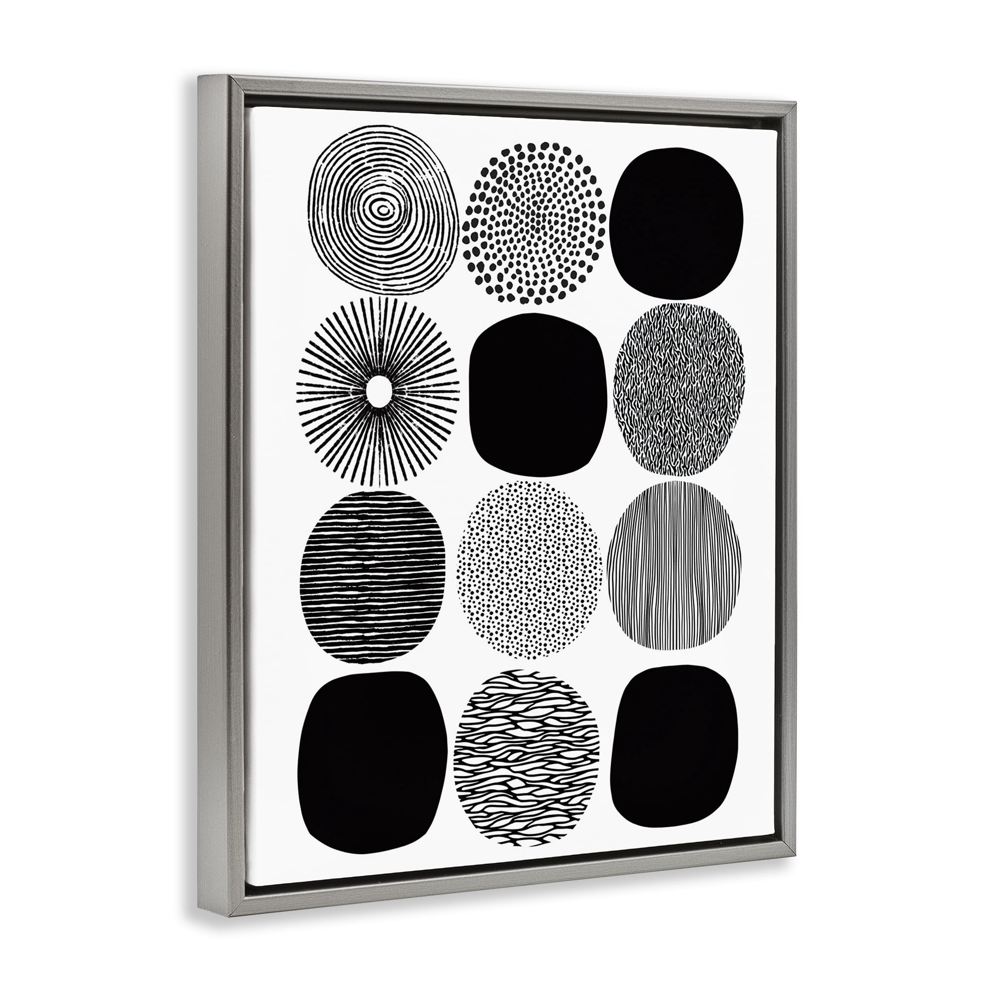 Stupell Industries Black & White Pattern Circles Abstract Painting Gray Floater Framed Canvas Art Print Wall Art, 17 x 21