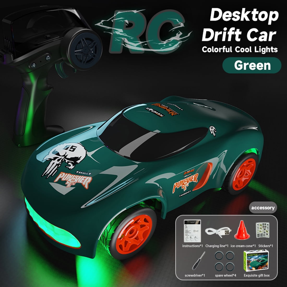 1:64 Mini RC Drift Car with LED Light, 4WD High-Speed Remote Control Car Model, 2.4GHz Full Proportional Desktop Racing Vehicle Toy Gift for Enthusiasts