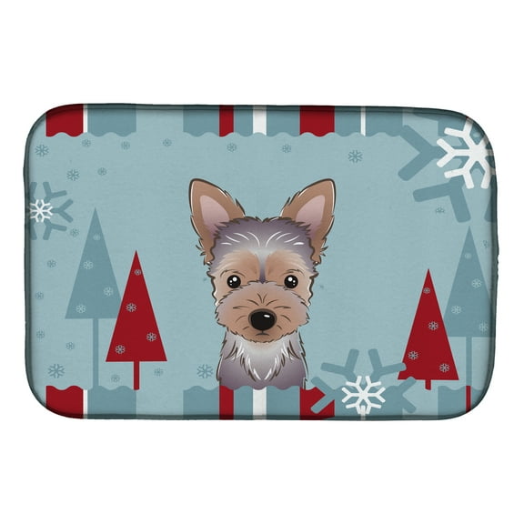 Winter Holiday Yorkie Puppy Dish Drying Mat