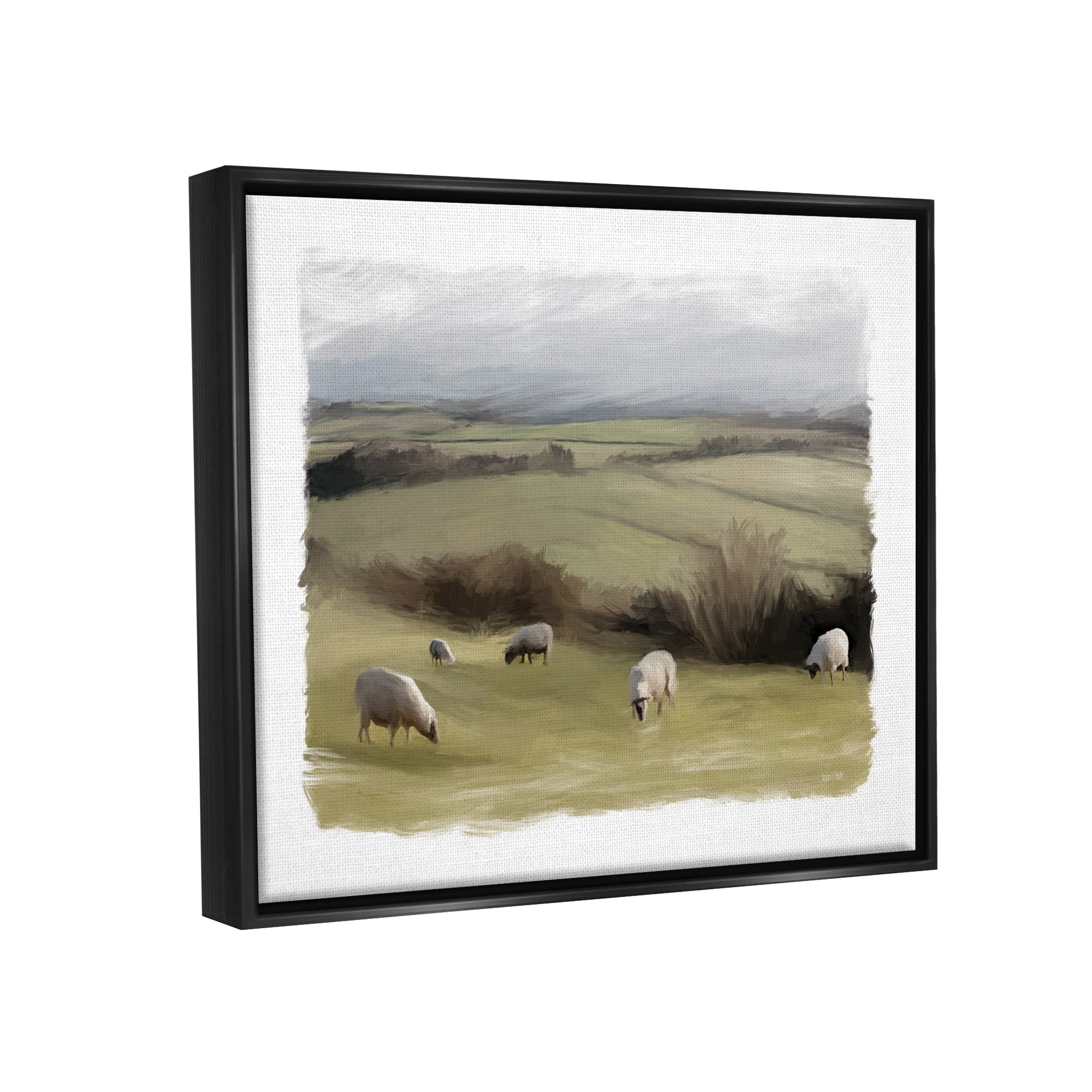 Stupell Grazing Sheep Herd Rural Fields Animals & Insects Painting Black Floater Framed Art Print Wall Art