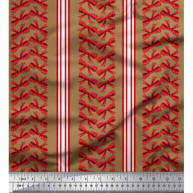 Soimoi Brown Poly Georgette Fabric Bow & Stripe Print Fabric by Yard 42 Inch Wide