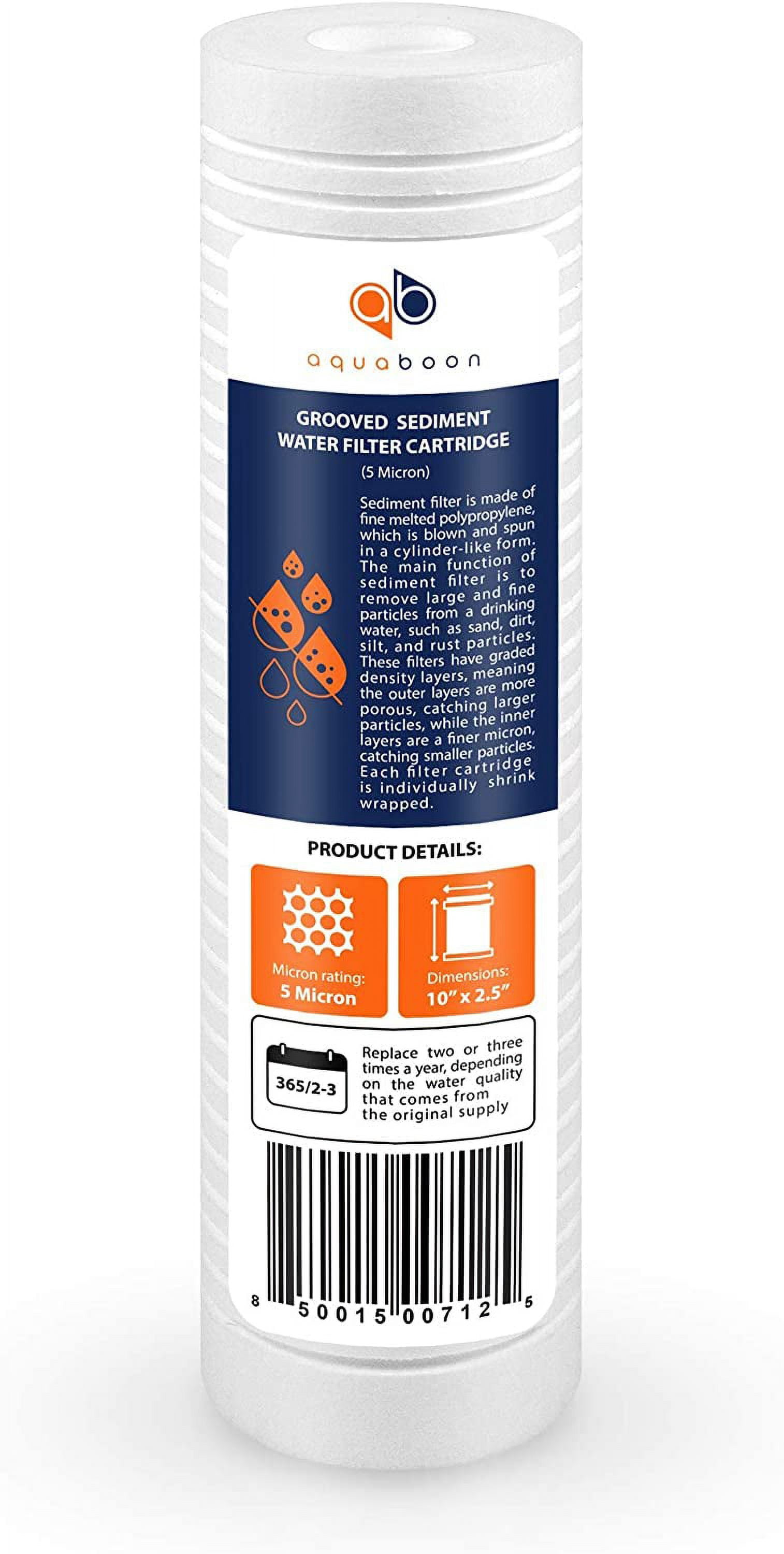 Aquaboon 5 Micron 10" x 2.5" Grooved Sediment Water Filter Replacement Cartridge for Any 10 inch RO Unit | Whole House Sediment Filtration | Compatible with P5, AP110, WFPFC5002, CFS110, RS14, 50-Pack