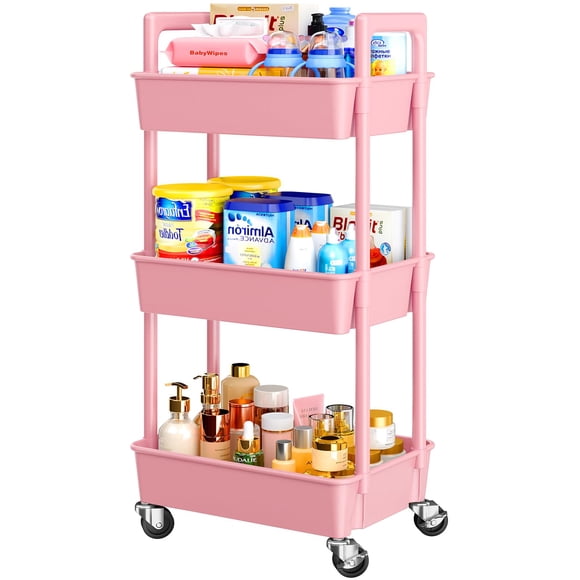 Organizador Rolling Cart Pipishell de plástico de 3 niveles, color rosa