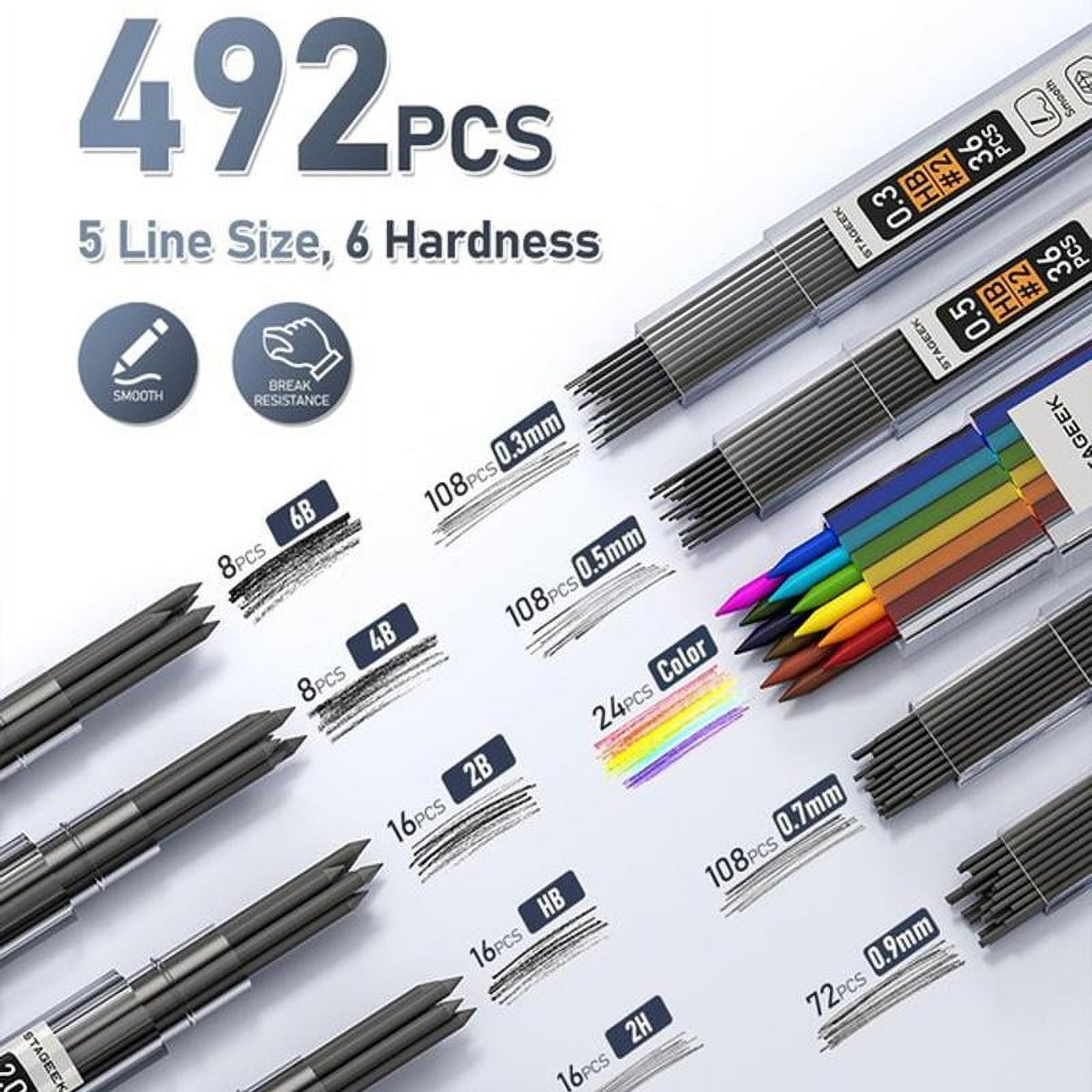STAGEEK 37PCS Art Mechanical Pencil Set, Drafting Pencil 5 Sizes- 0.3, 0.5, 0.7, 0.9MM & 2PCS 2.0MM Mechanical Drawing Pencils with 492PCS Leads (6B 4B 2B HB 2H 4H Color) for Artist Sketching