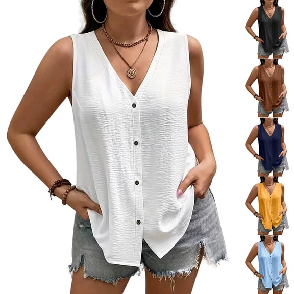 YVNAURA Womens Plus Size Summer Tank Top V Neck Sleeveless Loose Fit Button Down Blouse 2026 Spring Casual Work Tops Lightweight Breathable Soft Stretchy Business Casual Outfits, White,XXL