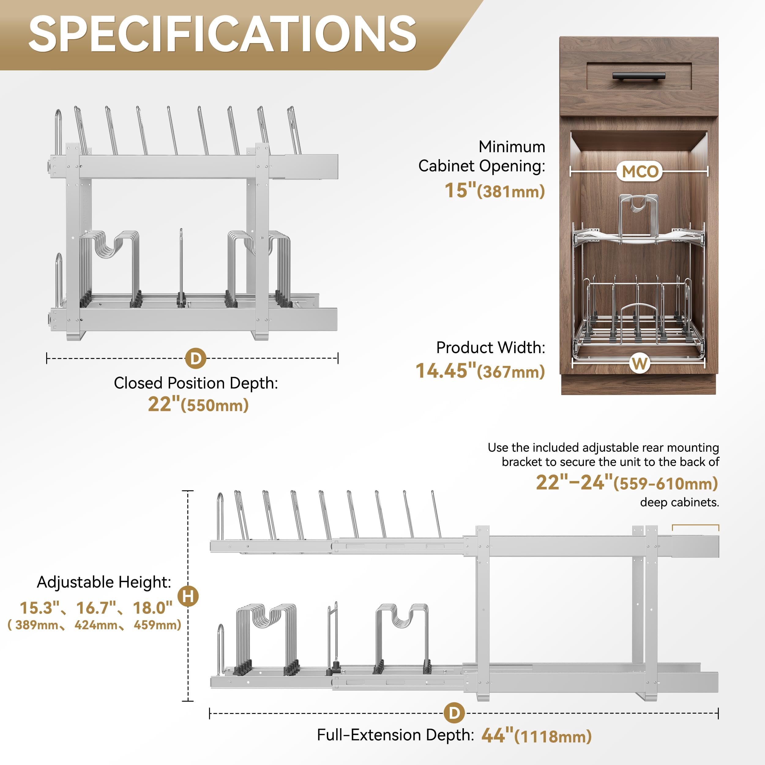 STORING 2-Tier Pull-Out Cabinet Organizer for Pots, Pans & Lids, Adjustable Heavy Duty Wire Rack, Full-Extension 15"W x 22"D