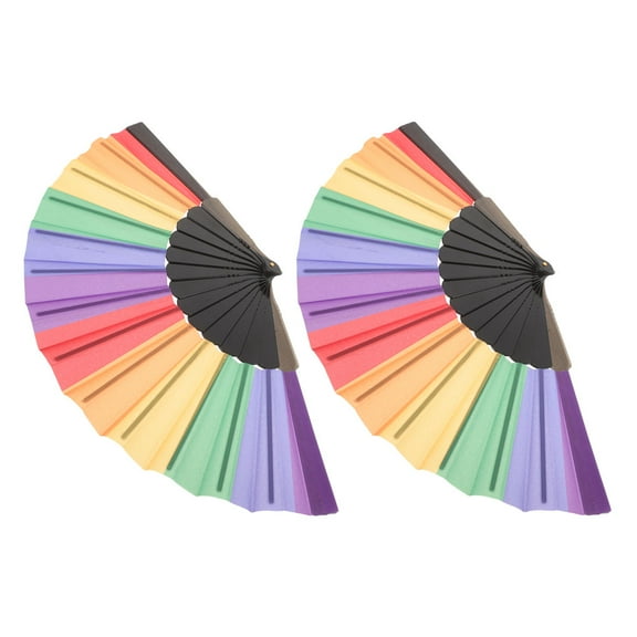HAMPPLIES 2Pcs Rainbow Style Hand Held Fans Plastic Cloth For Birthday Celebration Anniversary