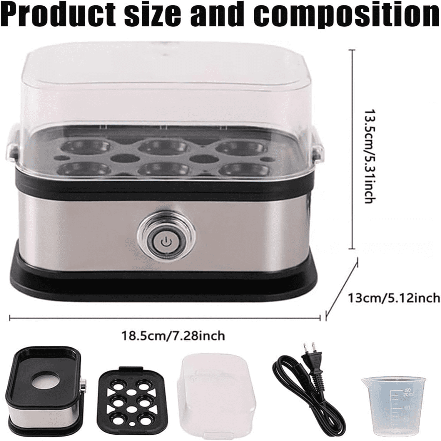 Smart egg cooker with automatic shutoff function, easy to boil eggs, top stainless steel egg cooker, one-touch operation, with tray cover, can boil 6 eggs, suitable for hard boil/soft boil/medium boi