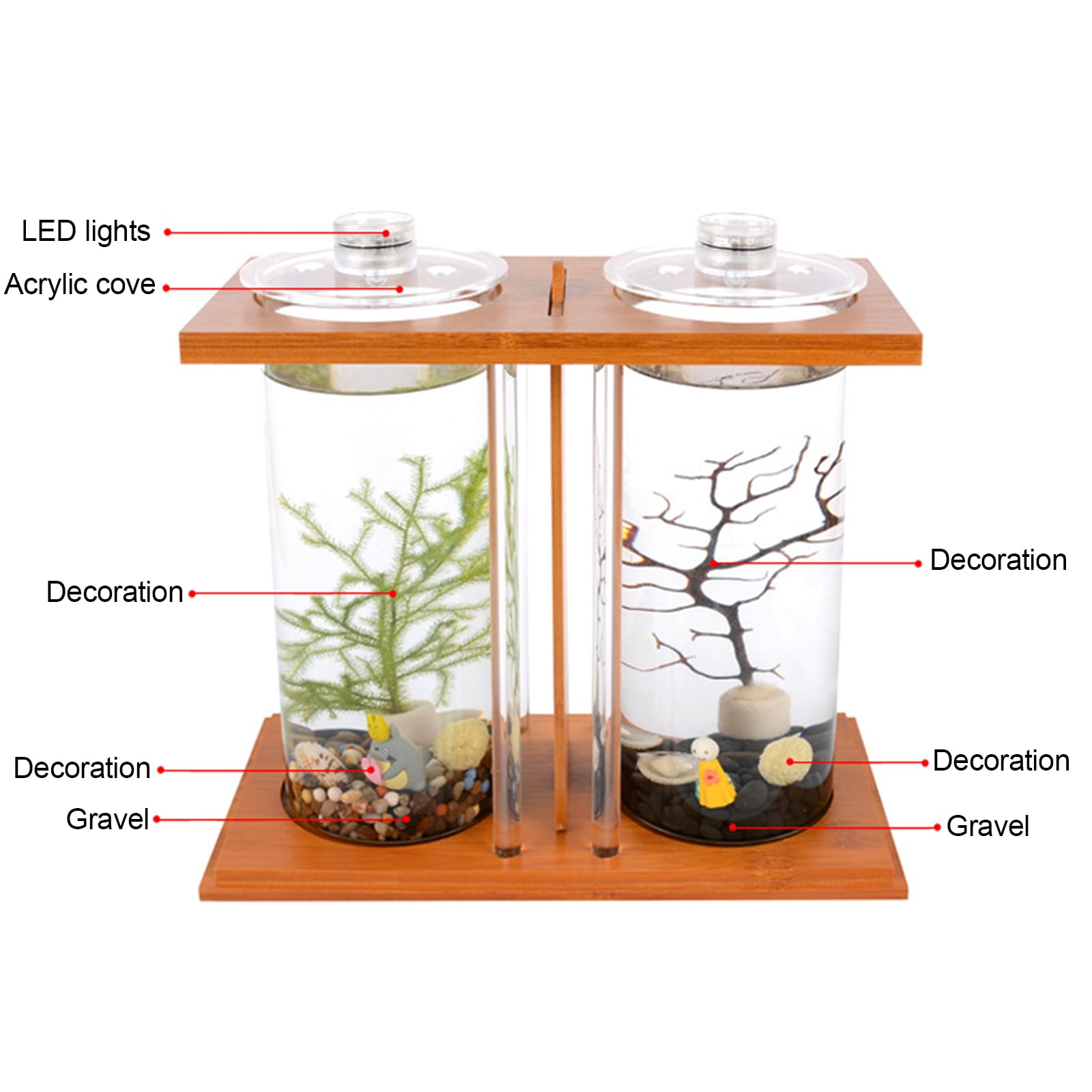 LED White Desktop Mini Fish Tank Tabletop Desktop Fish Tank Bamboo Glass Acrylic for Goldfish Betta Fish