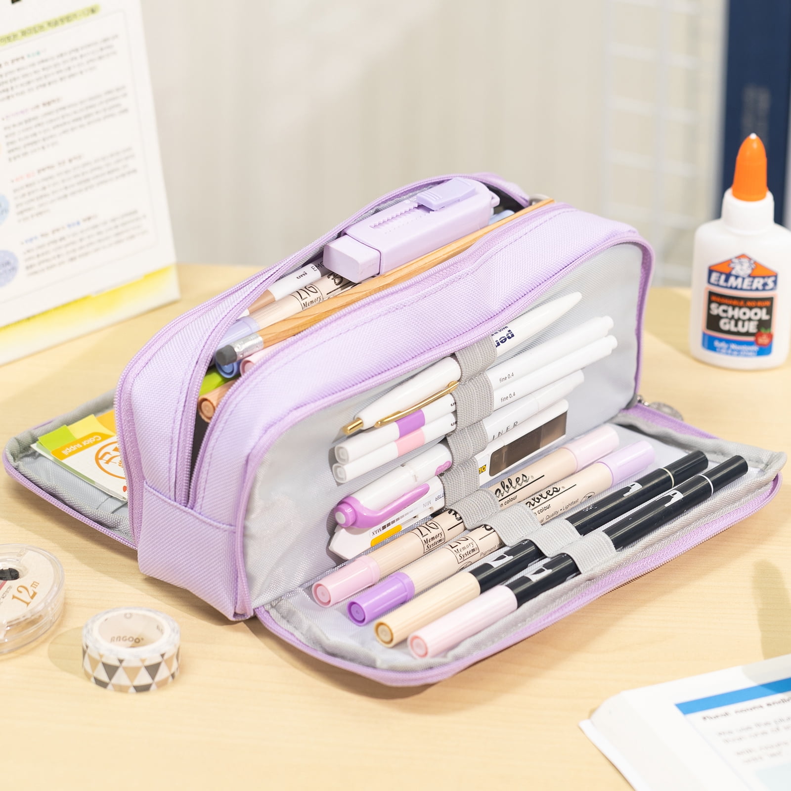 CICIMELON Pencil Case Large Capacity 3 Compartments Pen Pouch Bag for Adults Women (Purple)