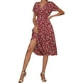 thumbnail image 4 of DYMADE Womens Summer Vocation Bohemian Elastic Waist Floral Printed V-Neck Short Sleeve Fit & Flare Dresses, 4 of 5