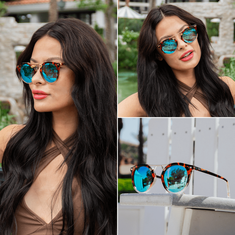 Skyler Double Metal Bridge Polarized Round Sunglasses | Wearme Pro Tortoise Frame / Blue Lens