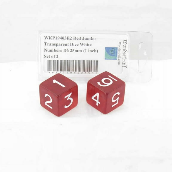 Red Jumbo Transparent Dice with White Numbers D6 25mm (1 inch) Set of 2 Wondertrail