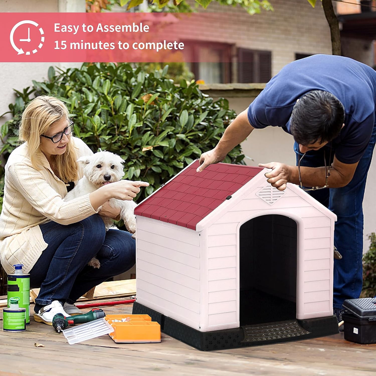 Dkelincs 28 inch Durable Plastic Dog House Indoor Outdoor Weatherproof Pet House with Air Vents and Elevated Floor, Red