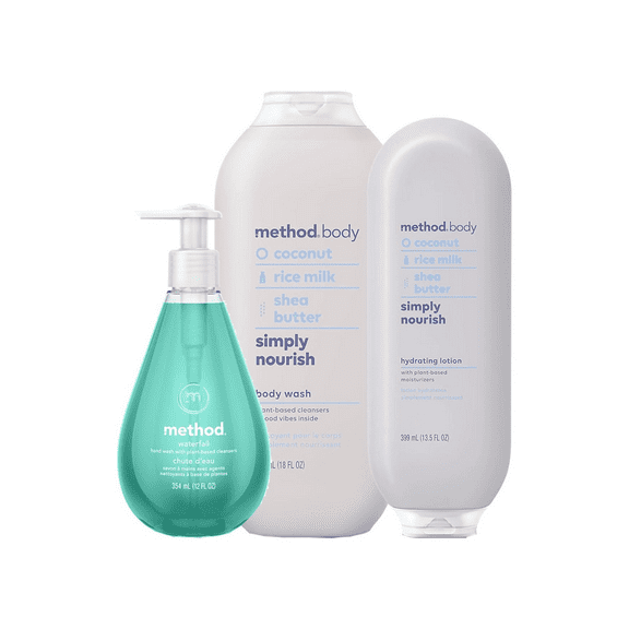 Method Daily Bathroom Set, 1 Body wash 18 oz, 1 Hand Soap 12 oz, 1 Lotion 13.5 oz (Variety Pack)