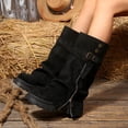 thumbnail image 4 of Women Solid Color Round Toe Side Zipper Buckle Strap Ruched Mid Calf Boots Faux Suede Block Mid Heel Winter Casual Boots US Size 5 To 8.5 Black, 4 of 9