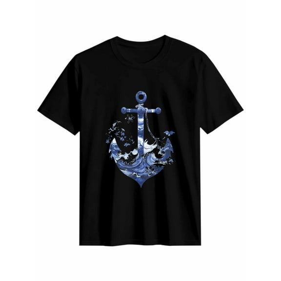 Women's T-Shirt Nautical Anchor Waves Short Sleeve Casual Tee Classic Crew Neck T Shirt for Women Black, 2XL