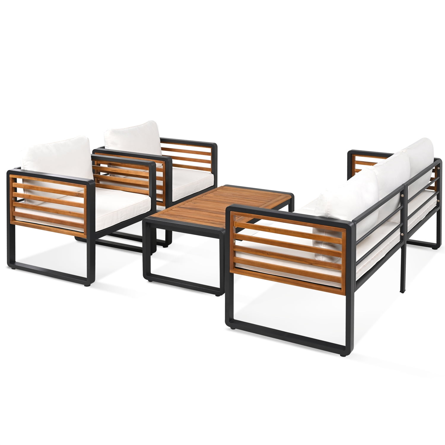 YIORTWO Patio Furniture Set, 4 Piece Metal Frame Outdoor Sectional Patio Conversation Set with Cushion and Wooden Finish, All Weather Outdoor Couch Set Patio Sofa Set for Porch Balcony Deck, Beige