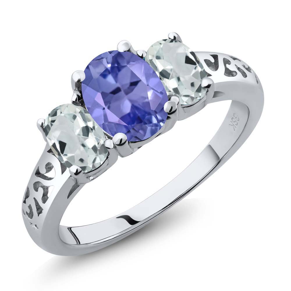 2.41 Ct Oval Blue Tanzanite and Sky Blue Aquamarine Sterling Silver Ring by