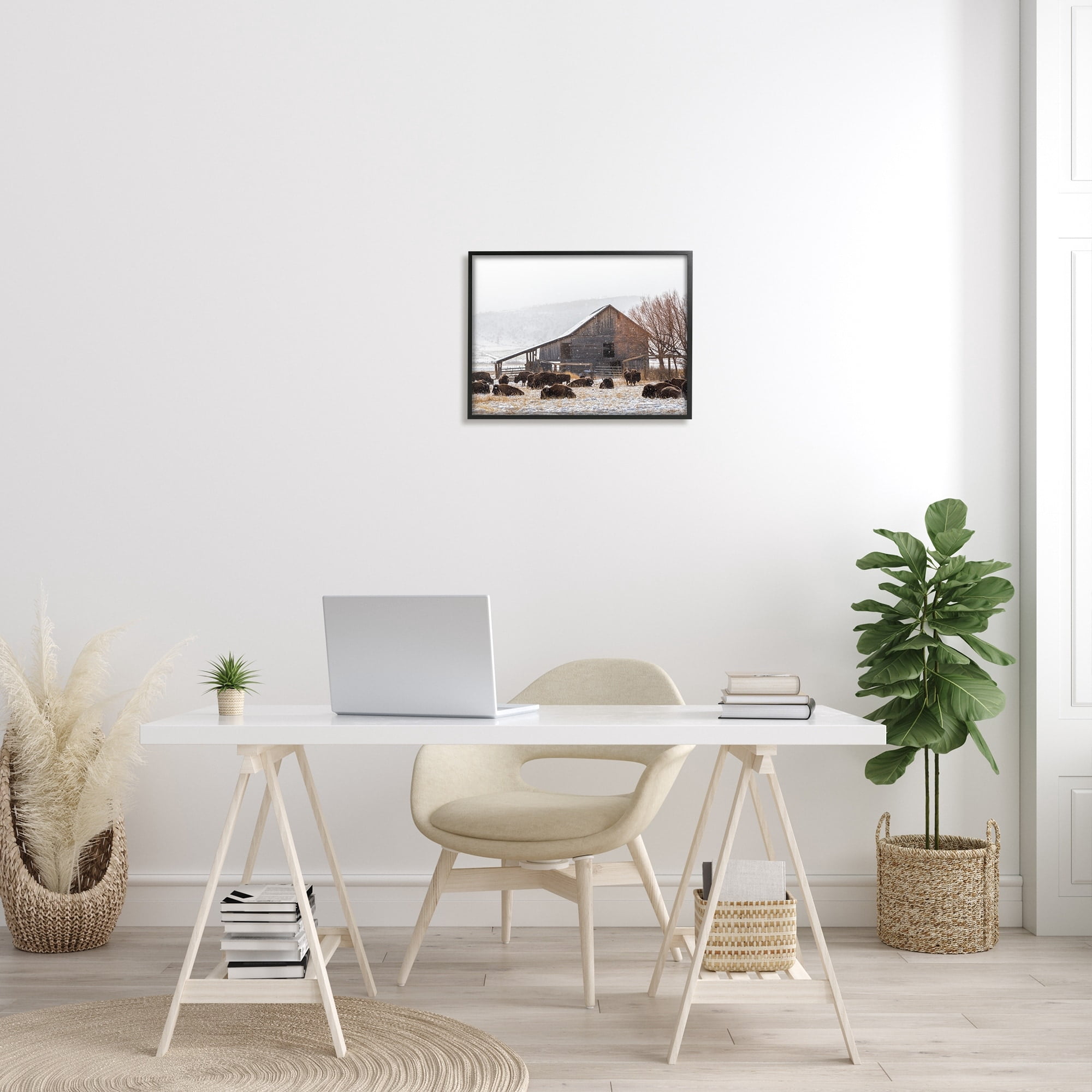 Stupell Industries Snow Dusted Barn Buffalo Bison Rural Farm Photograph Black Framed Art Print Wall Art, Design by Jeff Poe Photography