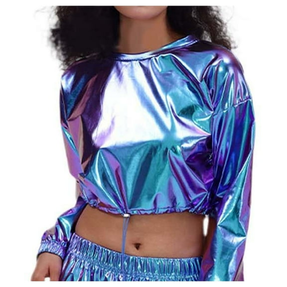 Ediodpoh Womens Carnival Outfits Long Sleeve Shiny Metallic Tops Sweatshirts for Women Club Wear Party Outfits Pullover Glitter Disco Style Blue M