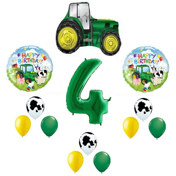 Farm Tractor 13 Piece #4 4th Green Yellow Happy Birthday Balloon Bouquet Party Decoration