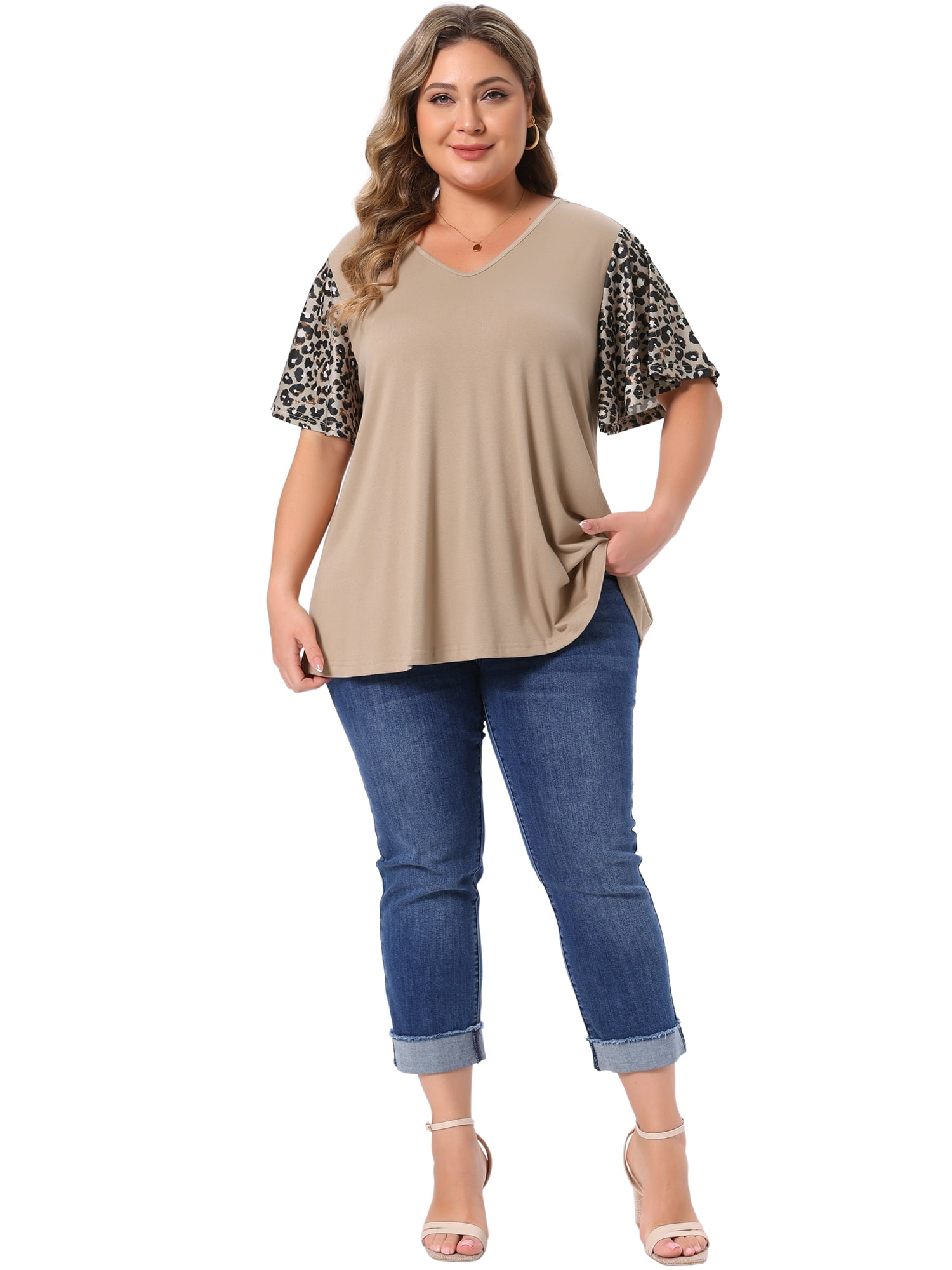 DARING DIVA Women's Plus V Neck Floral Flutter Sleeve Blouse Casual 4X khaki