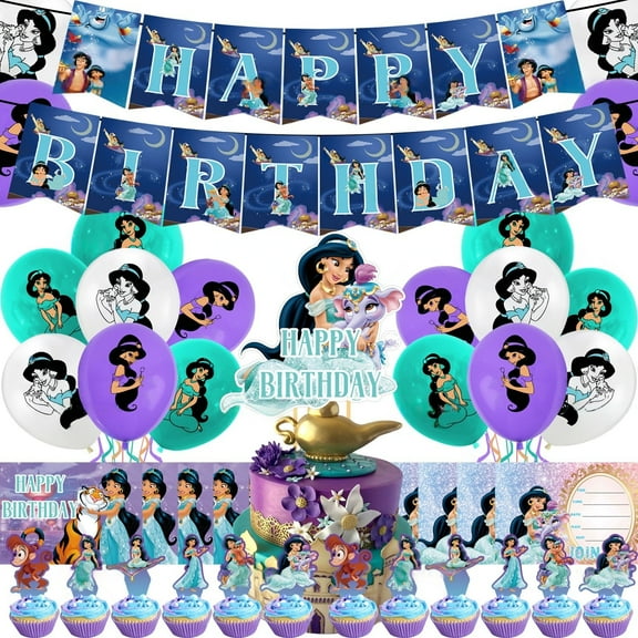 Cartoon Princess Jasmine themed birthday party supplies decorations, including birthday banners, balloons, invitation cards, cake decorations, suitable for boys and girls theme party sets
