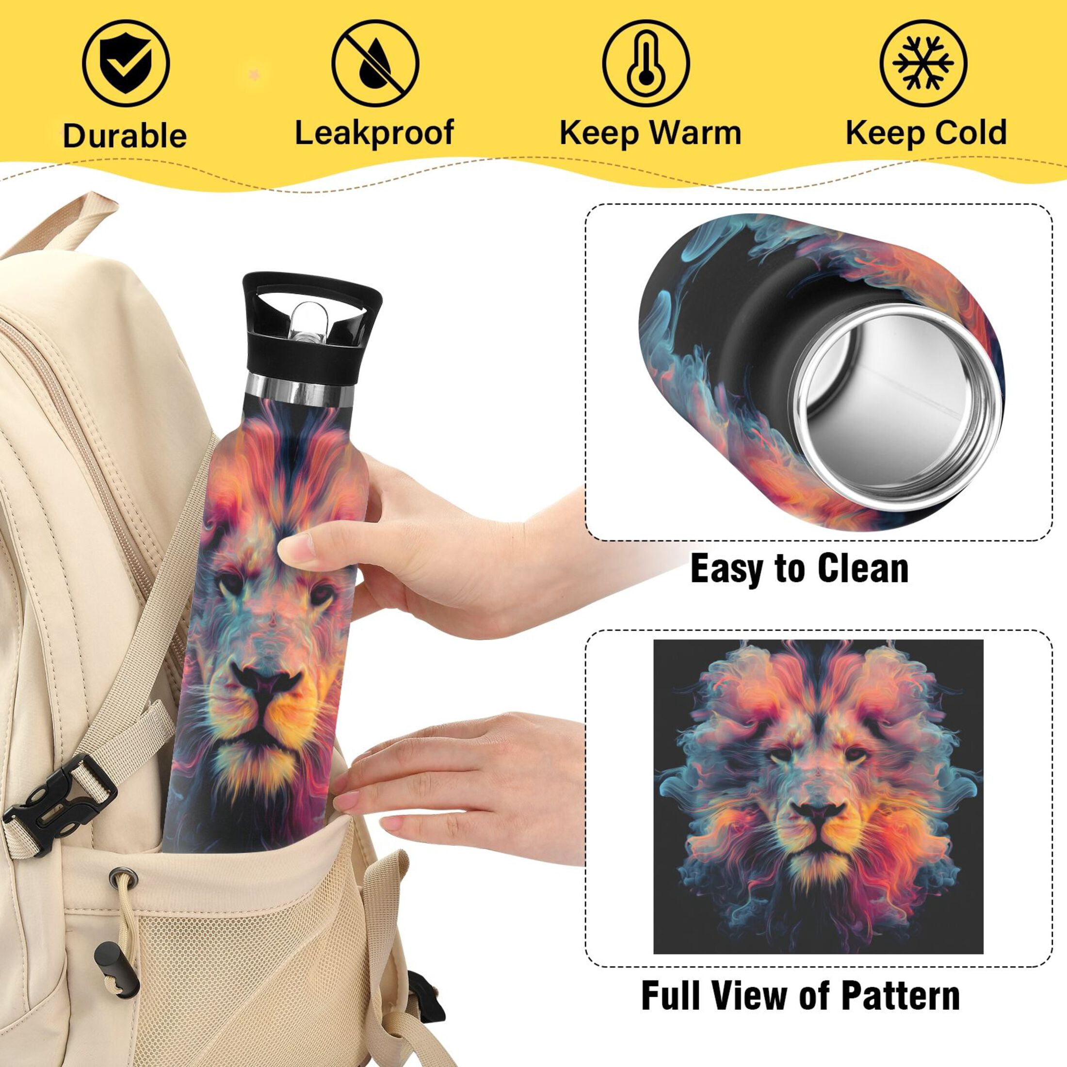 Kids Insulated Stainless Steel Sports Water Bottle 600ml (20oz) Lion's Head