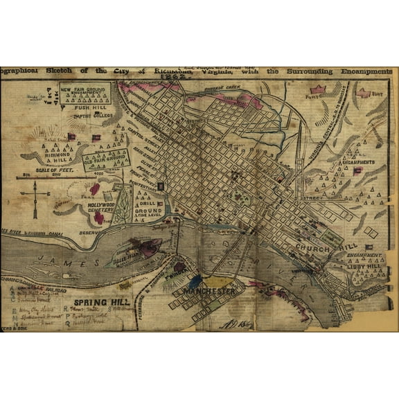 24"x36" Gallery Poster, map of Richmond, Virginia & area 1862