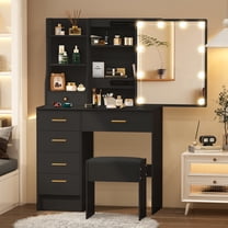 Teousev Makeup Vanity Table with 3 Color Lights, Vanity Desk Set with Sliding Mirror, 6 Drawers Dressing Table, Black