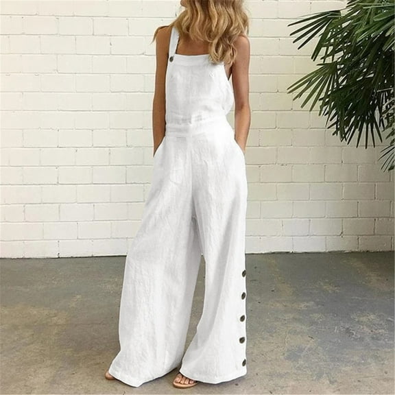 Homenesgenics Summer Jumpsuit for Women Women's Sleeveless Overalls Jumpsuit Casual Wide Leg Bib Pants White S