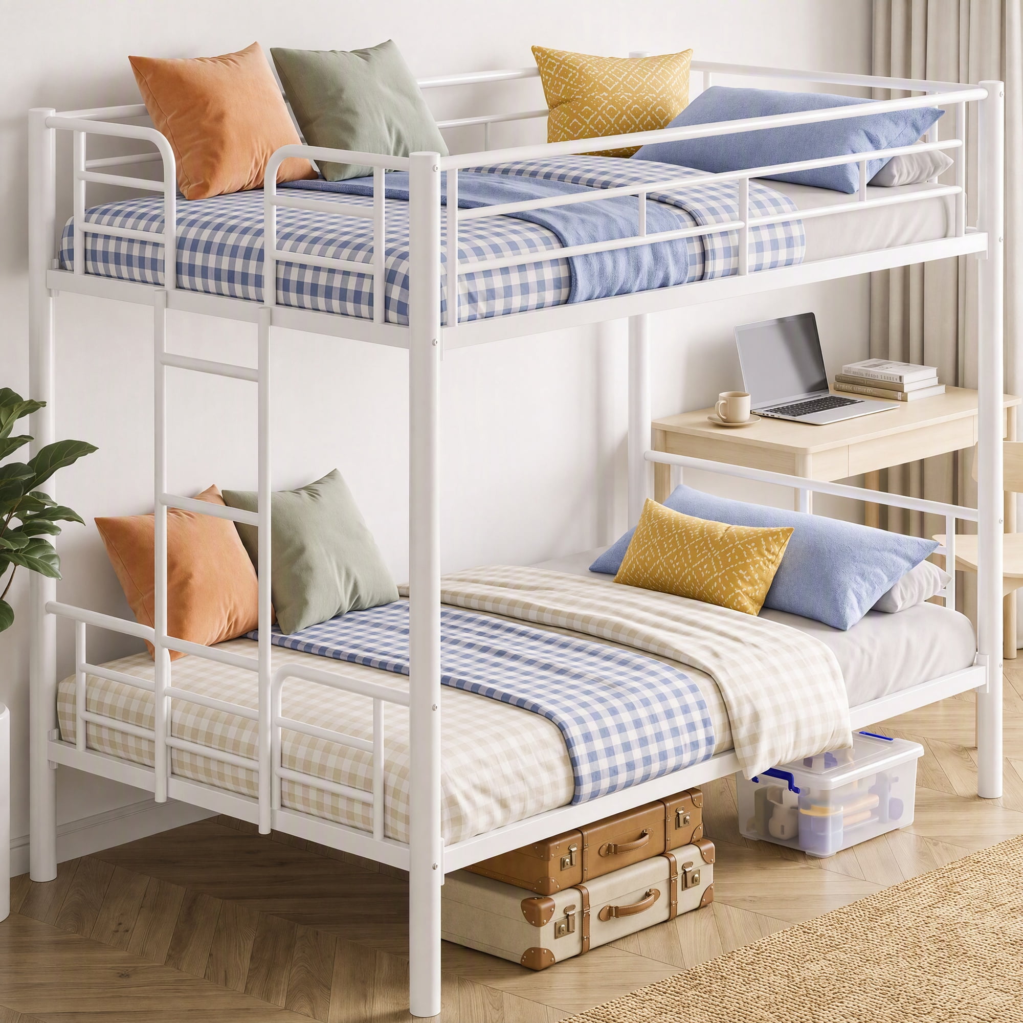 edx Twin Over Twin Metal Bunk Bed with Stairs & Safety Guardrails, Heavy-Duty Steel Frame, No Box Spring Needed, Space-Saving Bunk Beds, White