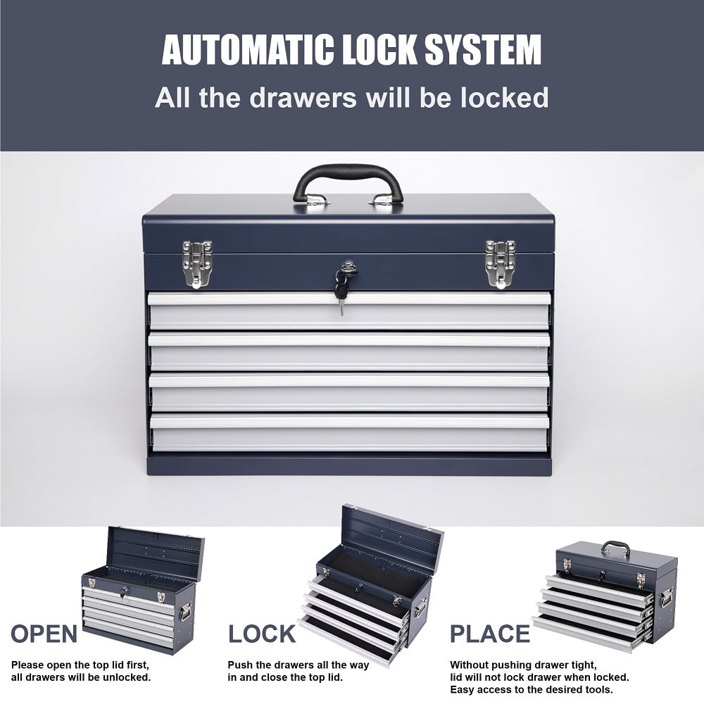 21in Heavy Duty Metal Tool Box with 4 Drawers, Small Tool Chest with EVA Liners, Ball Bearing Slide Drawers Locking & Powder Coated Finish, Multi-Function Tool Organizer