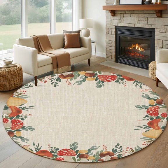 Round Area Rug 6 Ft, Fall Mushrooms Washable Non-Slip Circle Carpet for Living Room/Bedroom, Autumn Green Eucalyptus Leaves Plants Low-Profile Indoor Mats Collection Rugs for Residential