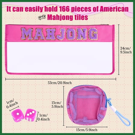 American Mahjong Bag Empty Case with Zipper& Embroidered Letters - Includes Bonus Dice & Mahjong chips bag for Complete Storage, Mahjong Tile Set Case for Tile Lovers (Pink)