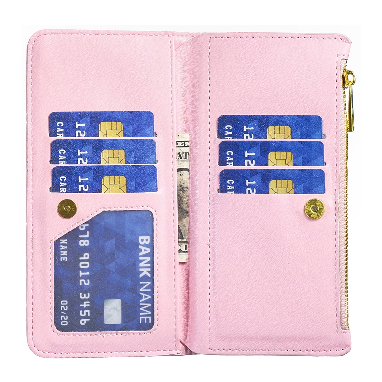 Allytech iPhone 13 Wallet Case, PU Leather Flip Folio Stand Shockproof Zipper Wallet Cards Holders Detachable Hand Wrist Phone Case Cover for Apple iPhone 13 6.1-Inch - Pink