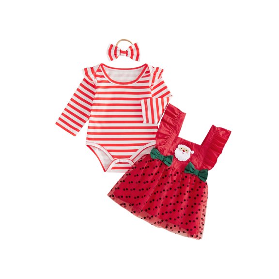 Cjfdfy Newborn Baby Girl Christmas Outfit Long Sleeve Romper Santa Embroidery Tulle Star Patchwork Dress Bow Headband 3 Piece Set Infant Christmas Dress Fall Winter Clothes Set 0-24M