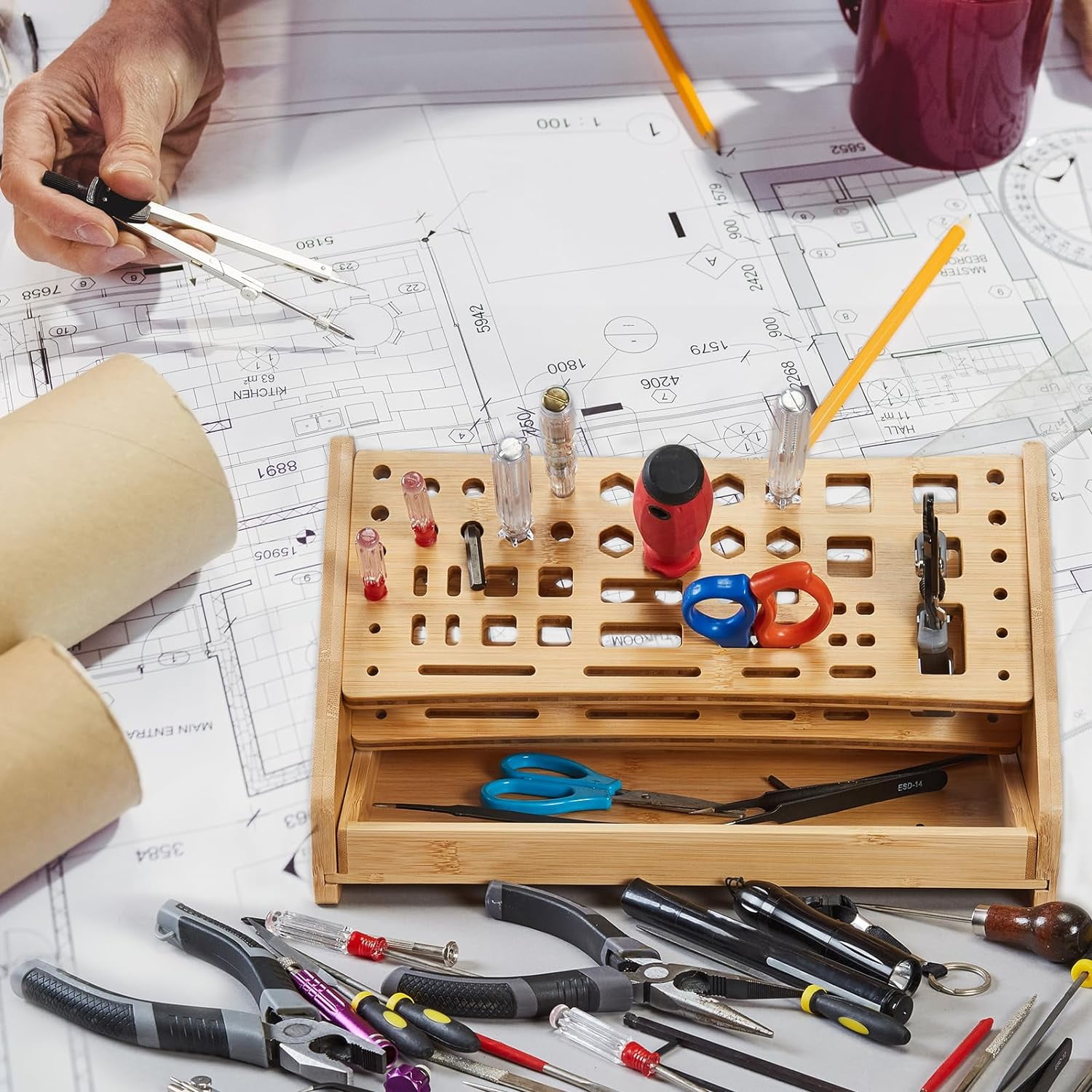 Bamboo Screwdriver Organizer Desktop Hand Tool Holder and Repair Tool Storage Stand Box