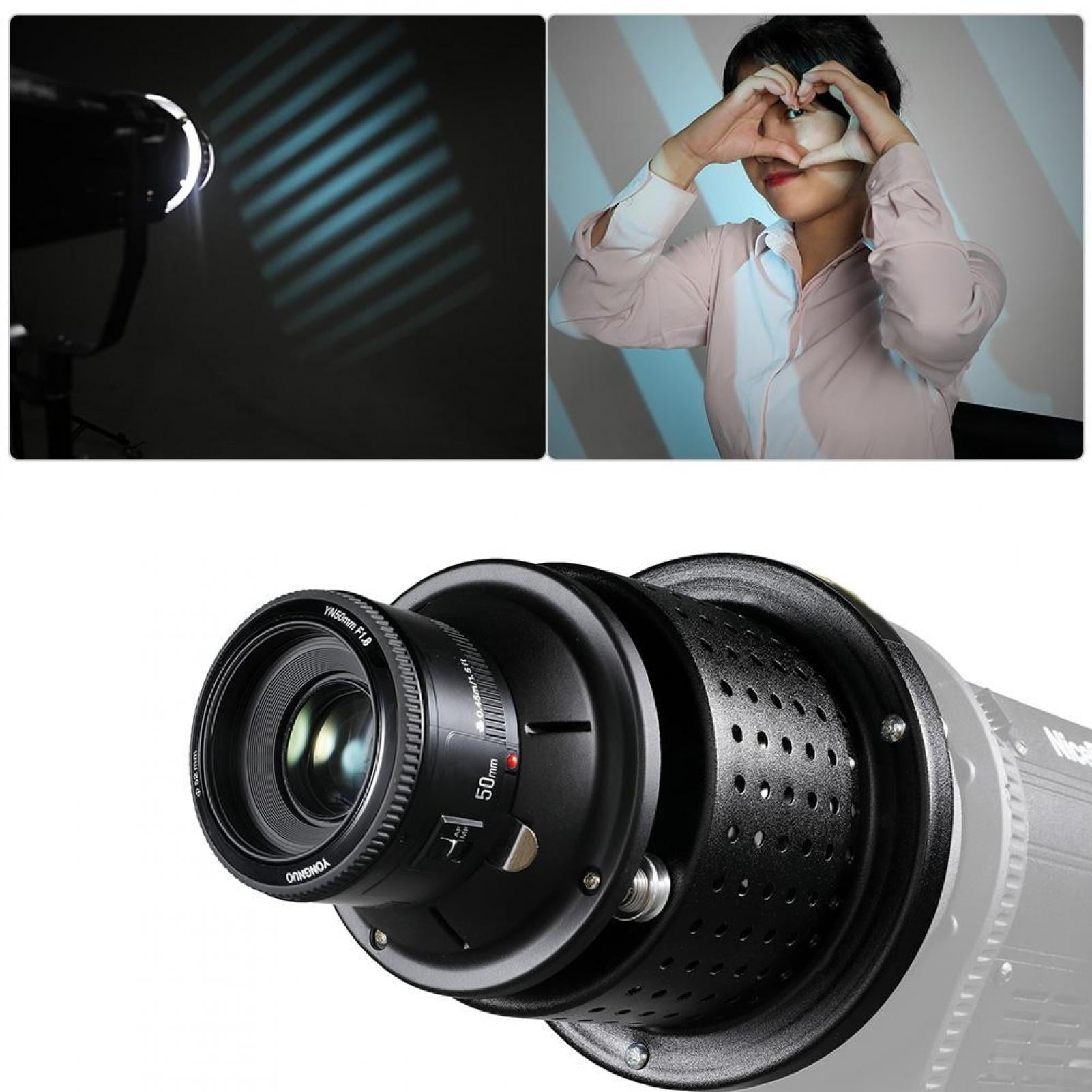 Flash Light Conical Snoot+Card Slot+Color Photo Patterns+Modelling Pieces+Color Gel Filter+50mm 1.8F Camera Lens for Bowens Mount Flash Lights and LED Video Light