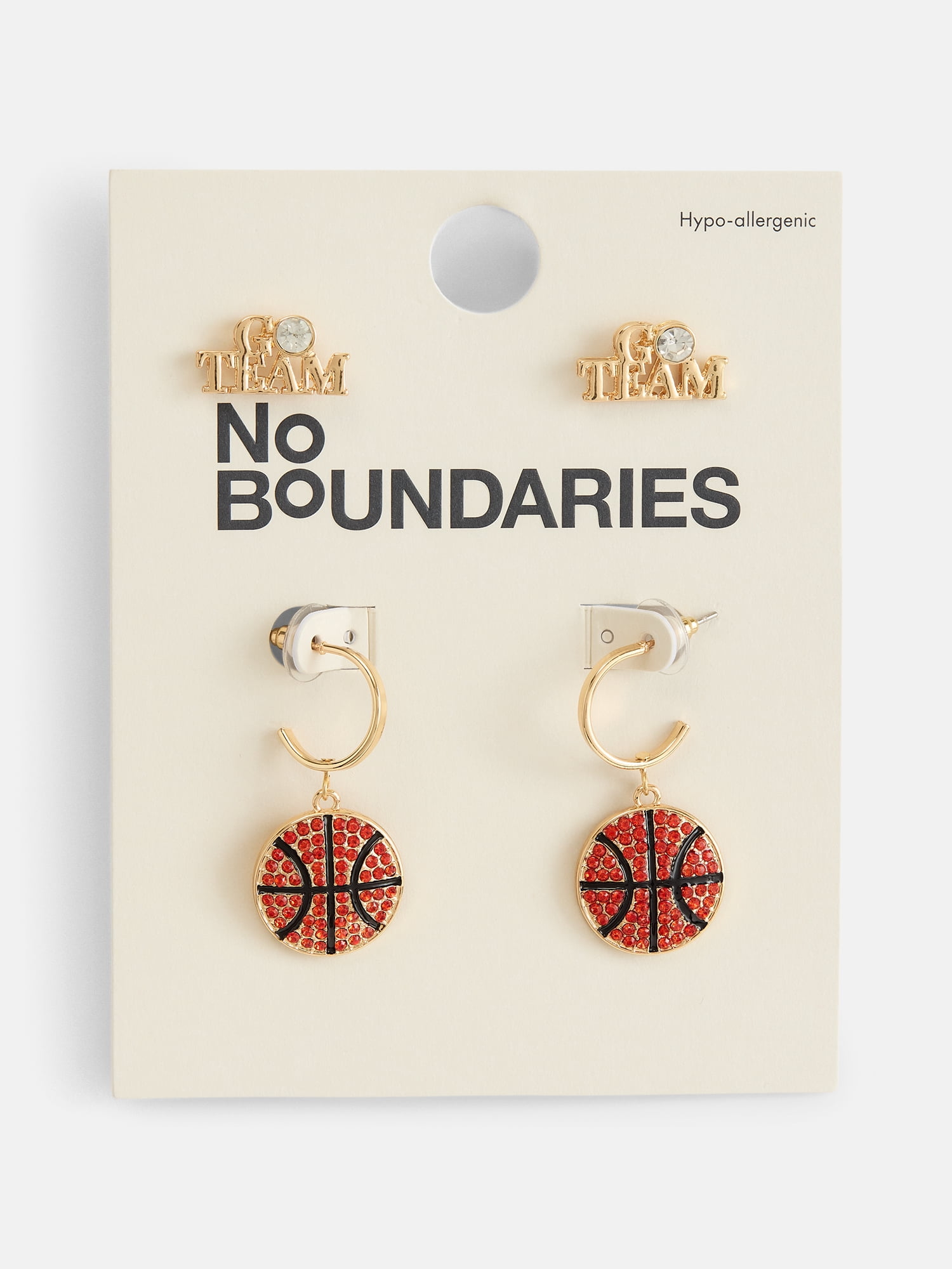 No Boundaries Women's Gold Tone Game Day Studs and Basketball Hoop Earrings Set, 2 Pairs