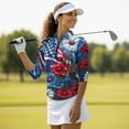 thumbnail image 5 of HUIACONG Athletic Polo Shirts for Sports Golf Outdoor Activities, Polyester Spandex Fabric Quick Breathable Women's 3/4 Sleeve Golf Top, American Flag Floral, 5 of 10