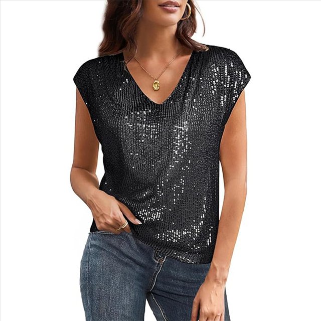 Tops de Corta con Lentejuelas y Cuello en V para Mujer, Camiseta Sin Mangas Elástica Brillante, Negra, XXL