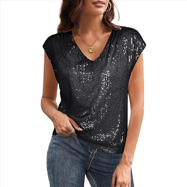 Tops de Corta con Lentejuelas y Cuello en V para Mujer, Camiseta Sin Mangas Elástica Brillante, Color Negro M