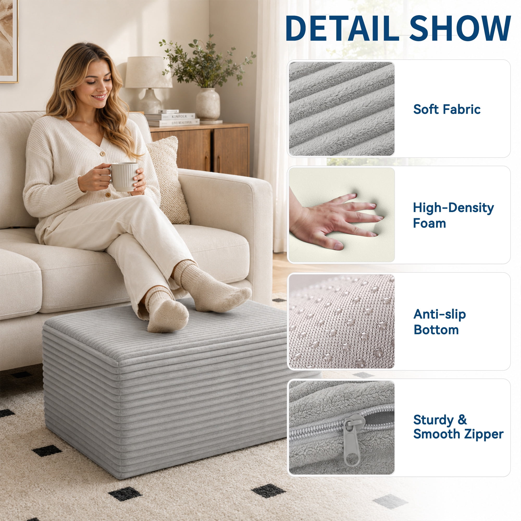 IDEALSOUL Corduroy Ottoman, Rectangle Ottoman Foot Rest for Couch, Oversized Modular Sectional Sofa Stool, Extra Seating & Coffee Table for Sofa, Cloud Foot Rest Foam Support, No Assembly Required